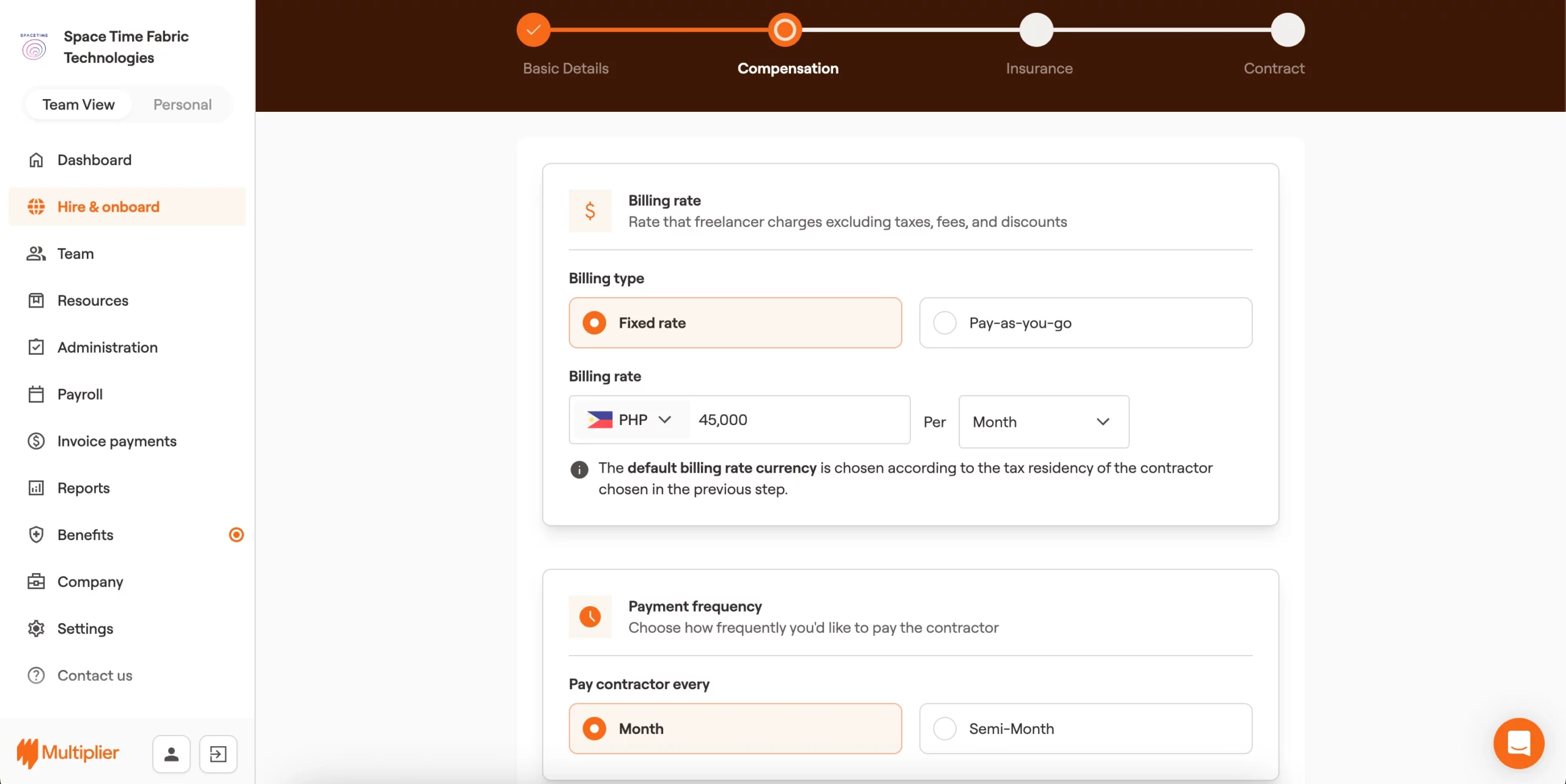 Billing type, rate, frequency, and invoice generation for onboarding a contractor in the Philippines. 